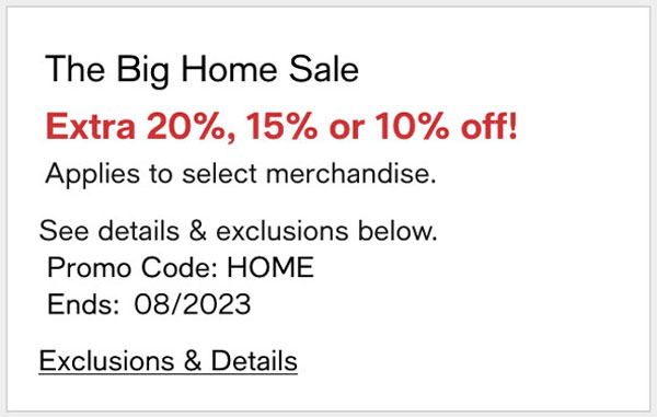 Home Sale Extra 20%, 15% or 10% OFF